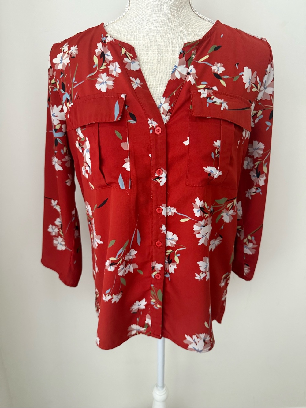 Forever 21 Red Floral Button-Up Blouse